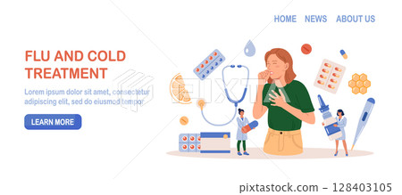 Sick woman with flu and cold. Seasonal allergy, contagious respiratory illness. Influenza viruses, nasal disorder treatment. Doctor examining patient. Physician appointment. Rhinitis, sinusitis cure 128403105