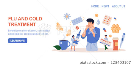 Character Sneezing and Coughing. Prevention against Virus and Infection.Young Man Having a Cold. Flu and Sickness Concept. Doctors Treat Patient with Pills, Capsules. Influenza Treatment Character Sneezing and Coughing. Prevention against Virus and Infection.Young Man Having a Cold. Flu and Sickness Concept. Doctors Treat Patient with Pills, Capsules. Influenza Treatment 128403107