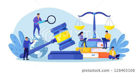 Law and Justice. Men discuss legal issues, people work on laptop near justice scales, judge gavel, wooden hammer. Supreme court. Lawyer consulting client. Legislation, civil regulation 128403108