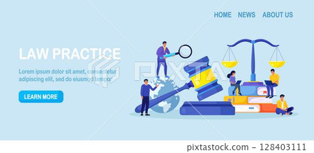 Law and Justice. Men discuss legal issues, people work on laptop near justice scales, judge gavel, wooden hammer. Supreme court. Lawyer consulting client. Legislation, civil regulation Law and Justice. Men discuss legal issues, people work on laptop near justice scales, judge gavel, wooden hammer. Supreme court. Lawyer consulting client. Legislation, civil regulation 128403111