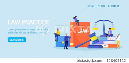 Law and justice. Judge scales and wood judge gavel. Wooden hammer with law code books. Legal and legislative authority. Jury trial, court proceedings. Vector design Law and justice. Judge scales and wood judge gavel. Wooden hammer with law code books. Legal and legislative authority. Jury trial, court proceedings. Vector design 128403112