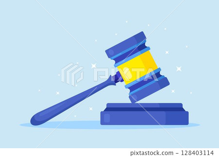 Wooden judicial ceremonial gavel of the chairman for passing sentences and bills. Judge wood hammer for auction, judgment, court 128403114
