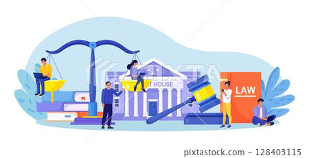 Law and justice concept. Justice scales, supreme court building and judge gavel. Crime courthouse advocate, lawyer consulting to client. Legal advice online, remote 128403115