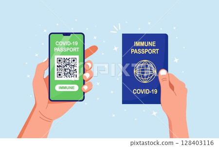 Human hand holding smartphone with health passport app, which indicates vaccination against covid-19. Electronic Immunity certificate. QR code on phone screen. Travel without restrictions worldwide 128403116