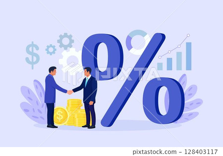 Businessman shaking hands. Bank loan, credit agreement. Discount, loyalty program, promotion. Good interest rate. Lending of organization or entity. Personal loans with interest-free periods 128403117