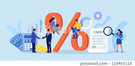 Bank loan, credit agreement. Tiny people and big percent sign. Discount, loyalty program, promotion. Good interest rate. Lending of organization or entity. Personal loans with interest-free periods 128403118