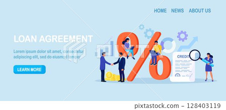 Bank loan, credit agreement. Tiny people and big percent sign. Discount, loyalty program, promotion. Good interest rate. Lending of organization or entity. Personal loans with interest-free periods 128403119