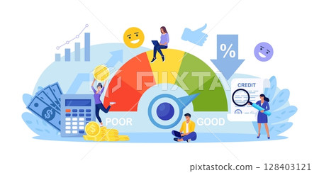 Credit score, rating. People examining client creditworthiness report with credit history. Bank analysts evaluating ability of prospective debtor to pay debt. Payment history data meter. Loan, mortage Credit score, rating. People examining client creditworthiness report with credit history. Bank analysts evaluating ability of prospective debtor to pay debt. Payment history data meter. Loan, mortage 128403121