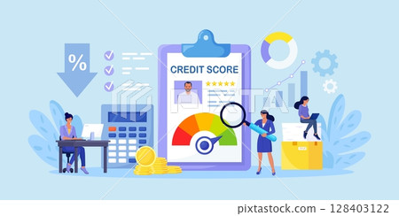 Credit score, rating. Women examining client creditworthiness report with credit history . Bank analysts evaluating ability of prospective debtor to pay debt. Payment history data meter. Loan, mortage 128403122