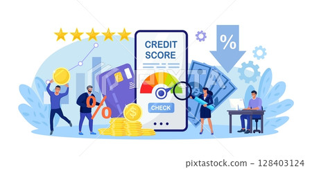 Credit score, rating. People examining client creditworthiness report with credit history . Bank analysts evaluating ability of prospective debtor to pay debt. Payment history data meter. Loan mortage 128403124