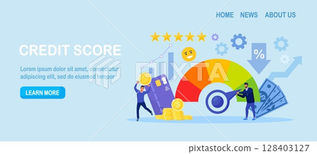 Credit score. Businessman pushing speedometer scale arrow changing credit history from poor to good. Payment history data meter. Bank analysts evaluating ability of prospective debtor to pay the debt 128403127