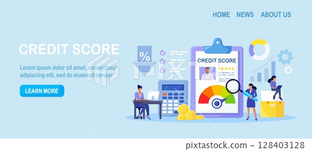 Credit score, rating. Women examining client creditworthiness report with credit history . Bank analysts evaluating ability of prospective debtor to pay debt. Payment history data meter. Loan, mortage 128403128