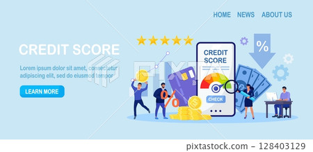 Credit score, rating. People examining client creditworthiness report with credit history . Bank analysts evaluating ability of prospective debtor to pay debt. Payment history data meter. Loan mortage 128403129