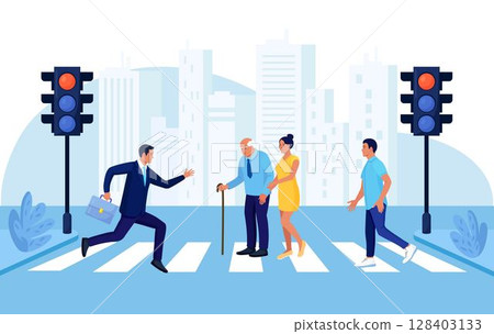 Woman helping old man crossing city street. People walking on road crosswalk and hurry at work. Urban lifestyle and traffic concept. Pedestrians moving by road with traffic lights and crosswalk Woman helping old man crossing city street. People walking on road crosswalk and hurry at work. Urban lifestyle and traffic concept. Pedestrians moving by road with traffic lights and crosswalk 128403133
