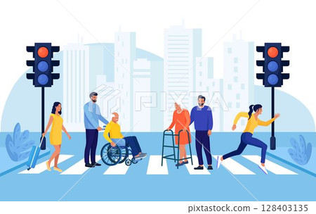 Men helping old people with disability crossing city street. Woman walking on road crosswalk and hurry to work. Urban lifestyle and traffic concept. Pedestrians moving by road with traffic lights 128403135