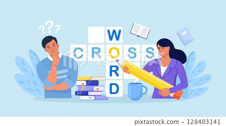 People Solve Huge Crossword Filling Empty Boxes with Letters. Tiny Characters with Pencil Solve Puzzle. Brain Training, Logic Game. Woman and Man Thinking on Riddle. Spare Time Recreation People Solve Huge Crossword Filling Empty Boxes with Letters. Tiny Characters with Pencil Solve Puzzle. Brain Training, Logic Game. Woman and Man Thinking on Riddle. Spare Time Recreation 128403141