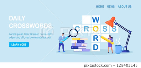 People Solve Huge Crossword Filling Empty Boxes with Letters. Tiny Characters with Pencil Solve Puzzle. Brain Training, Logic Game. Woman and Man Thinking on Riddle. Spare Time Recreation 128403143