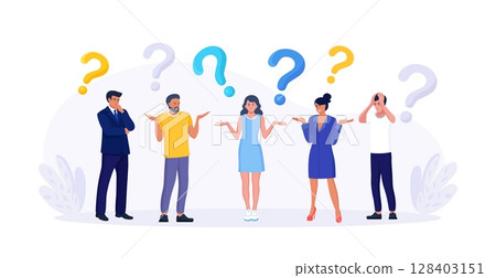 People thinking or solving problem. Frequently asked questions. Characters doubts and questioning everything with question mark. Searching solution 128403151