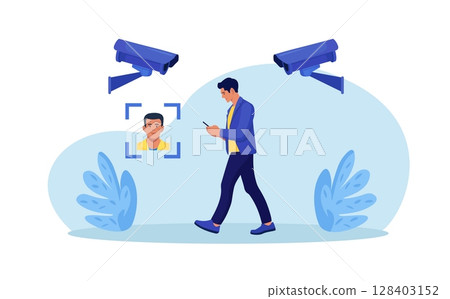 Security camera technology. Biometric facial recognition. Personal security control authentication. Video surveillance and CCTV cameras provide safety Security camera technology. Biometric facial recognition. Personal security control authentication. Video surveillance and CCTV cameras provide safety 128403152