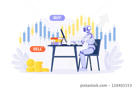 Artificial intelligence, robot trader. Trading bot analyze cryptocurrency market data, financial exchange, earning profit. AI for automation trading on stock market Artificial intelligence, robot trader. Trading bot analyze cryptocurrency market data, financial exchange, earning profit. AI for automation trading on stock market 128403153