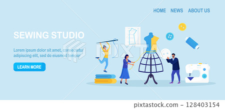 Dressmaking, sewing workshop or courses. Fashion designer are tailoring clothes. Sewing tools, needle, threads, mannequin. Dressmakers create outfit and apparel on sewing machine. Needlework 128403154