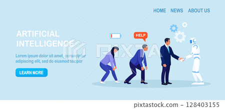Artificial intelligence handshaking with businessman. Business automation. High productivity AI robot works efficiency. Automation or robotic assistance. Future cooperation, technology advance Artificial intelligence handshaking with businessman. Business automation. High productivity AI robot works efficiency. Automation or robotic assistance. Future cooperation, technology advance 128403155