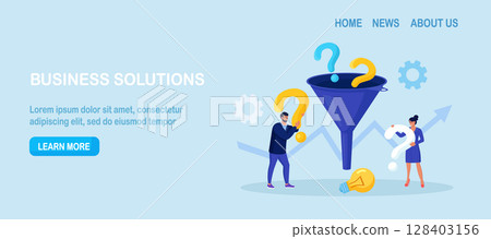 FAQ frequently asked question. Business people with funnel to get solution, filter with question marks. Solving problem, brainstorming, problems research and finding new idea, answer questions 128403156