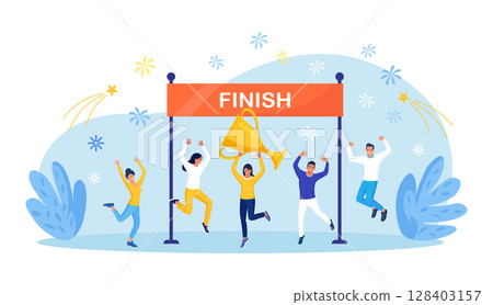 Business people celebrates success. Team colleagues reaching goal celebrating victory. Woman winning race, holding trophy cup. Entrepreneurs leadership. Motivation to achieve aim Business people celebrates success. Team colleagues reaching goal celebrating victory. Woman winning race, holding trophy cup. Entrepreneurs leadership. Motivation to achieve aim 128403157