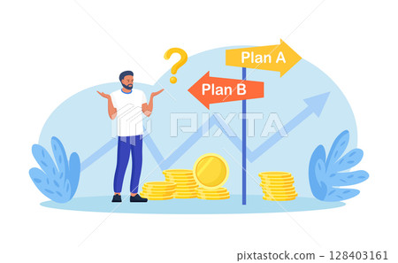 Business difficult choices. Man trying to make a choice for the road ahead. Uncertainty and doubt. Making decision, career path, work direction or choose the right way to success 128403161