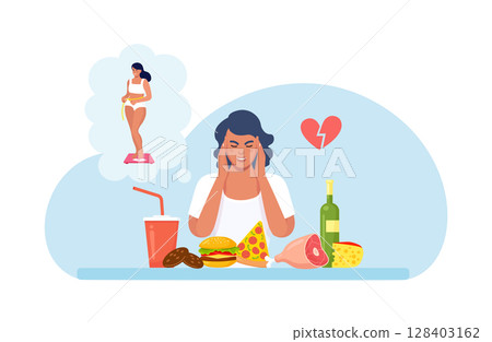 Eating disorders as psychological illness. Excessive weight control, food limitation. Depressed woman eating fast food. Extreme overeating. Addiction to slimming, dieting and mental guilty feeling 128403162