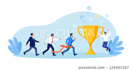 Businessman running to trophy, crossing finish line and tearing ribbon. Business success or achievement, skill or effort to succeed in work. Competitive process in business. Way to achieve the goal 128403167