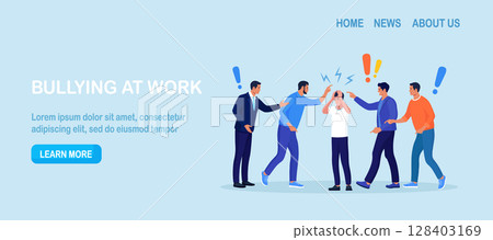 Group of violent people bullying and accusing coworker. Employees point fingers and laugh. Toxic work, abuse, bullying colleagues. Exhausted depressed employee. Angry furious characters yelling at man Group of violent people bullying and accusing coworker. Employees point fingers and laugh. Toxic work, abuse, bullying colleagues. Exhausted depressed employee. Angry furious characters yelling at man 128403169