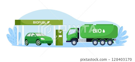 Truck delivering biofuel to petrol refill station. Renewable energy source derived from organic materials. Reducing greenhouse gas emissions 128403170
