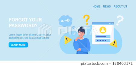 Confused woman forgetting her password for web page. User assistance and password reset services. Person who forgot his personal data when he wanted to log in. Authorization and identification Confused woman forgetting her password for web page. User assistance and password reset services. Person who forgot his personal data when he wanted to log in. Authorization and identification 128403171