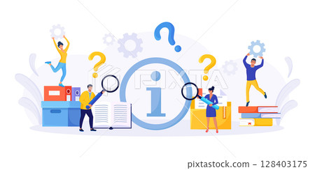 Users looking for information. People searching files in database, archive, info storage. Information center or communication service. FAQ or question and answer 128403175