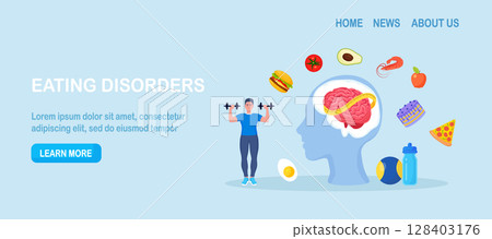 Eating disorders as psychological illness. Excessive weight control, food limitation. Man worrying about her appearance, doing exercise. Addiction to slimming, dieting and mental guilty feeling Eating disorders as psychological illness. Excessive weight control, food limitation. Man worrying about her appearance, doing exercise. Addiction to slimming, dieting and mental guilty feeling 128403176
