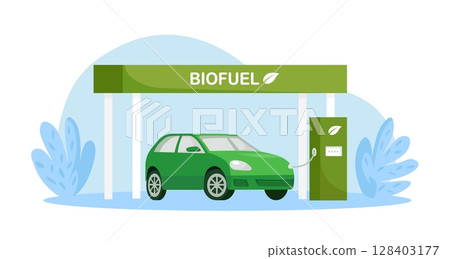 Biofuel petrol refill station with vehicles. Auto fueled with green gas. Alternative energy. Environment without greenhouse gases and CO2 emissions 128403177