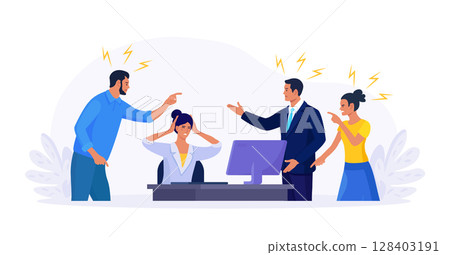 Abuse or bullying colleague. People blaming at depressed businessman. Worker sitting at desk with computer and documents hiding head. Employees point fingers and laugh. Emotional stress on work Abuse or bullying colleague. People blaming at depressed businessman. Worker sitting at desk with computer and documents hiding head. Employees point fingers and laugh. Emotional stress on work 128403191