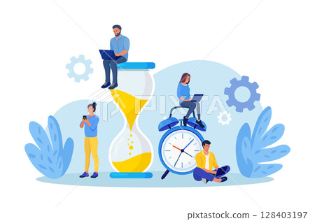 Tiny people and huge hourglass, alarm clock. Team working together. Time management and business planning. Time is money.  Deadline. Young employees work near the dial of a large watch 128403197