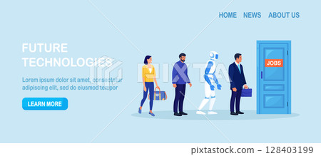 Robots and people stand in line waiting hiring interview at office hall. Robotics industry. Human and robotics employees for vacancy. Automated and manual labor. Robotic Process Automation 128403199
