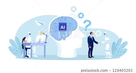 Businessman collaborates with smart AI brain. Business automation. AI robot performance. Robotic assistance. Human and artificial intelligence work together, machine assists or supports the work 128403201