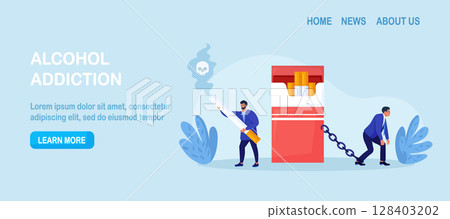 Nicotine addiction. Unhealthy habit smoking tobacco. Addict man chained to cigarette box. Nicotine craving. Man want to quit smoking. Bad habit rehab 128403202