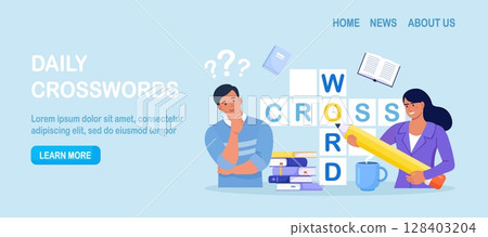People Solve Huge Crossword Filling Empty Boxes with Letters. Tiny Characters with Pencil Solve Puzzle. Brain Training, Logic Game. Woman and Man Thinking on Riddle. Spare Time Recreation 128403204