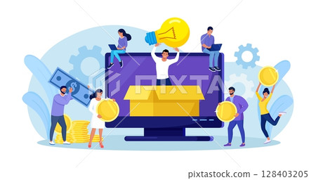 Crowdfunding. Startup investment. Online service project to support, donate or collective raise money for new ideas. Crowdsourcing project, alternative financing. People putting money in donation box Crowdfunding. Startup investment. Online service project to support, donate or collective raise money for new ideas. Crowdsourcing project, alternative financing. People putting money in donation box 128403205