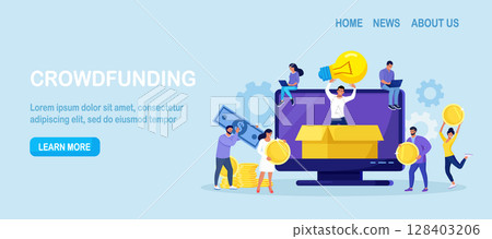 Crowdfunding. Startup investment. Online service project to support, donate or collective raise money for new ideas. Crowdsourcing project, alternative financing. People putting money in donation box 128403206