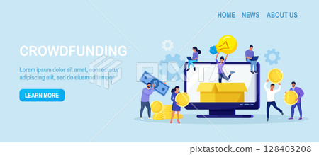 Crowdfunding. Startup investment. Online service project to support, donate or collective raise money for new ideas. Crowdsourcing project, alternative financing. People putting money in donation box Crowdfunding. Startup investment. Online service project to support, donate or collective raise money for new ideas. Crowdsourcing project, alternative financing. People putting money in donation box 128403208
