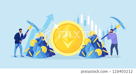 Man with pickaxe extracting ethereum or bitcoin crypto coin out of rock. Mining crypto, Cryptocurrency mining farms. People trading, investing in cryptocurrencies. Digital currency farming. Blockchain 128403212