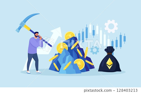 Man with pickaxe extracting crypto coin out of rock. Mining crypto, Cryptocurrency mining farms. People trading, investing in cryptocurrencies. Digital currency farming. Blockchain Man with pickaxe extracting crypto coin out of rock. Mining crypto, Cryptocurrency mining farms. People trading, investing in cryptocurrencies. Digital currency farming. Blockchain 128403213