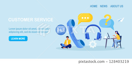 Customer Service Agent with Headsets Talking with Client. Technical Global Support, Assistance, Call Center. Contact Us. Hotline. Satisfaction and Loyalty. Customers care 128403219