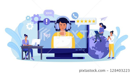 Customer support. Contact us. Woman with headphones and microphone talking with clients on computer screen. Personal assistant service, hotline operator advises customer, online technical support 128403223